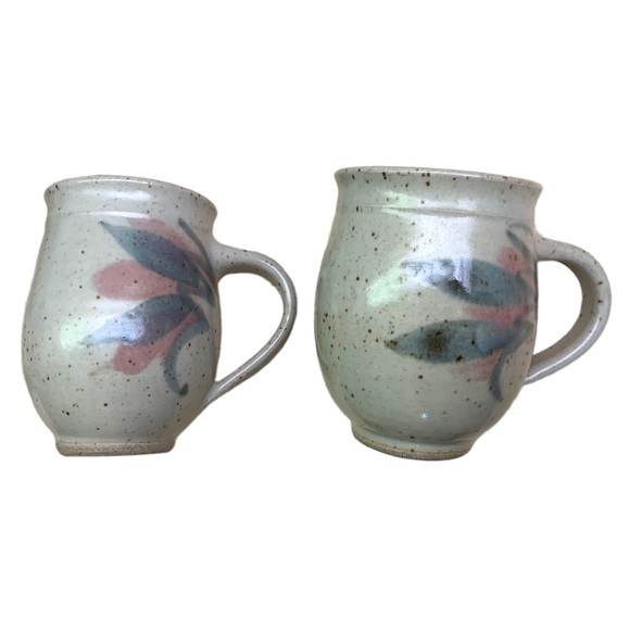 Handthrown Artisan Pottery Mugs Pastel Leaf Swirl Speckled Stone Boho Country - Picture 3 of 10